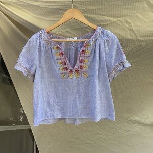 Madewell Blue Striped Blouse with Colorful Embroidery, size medium